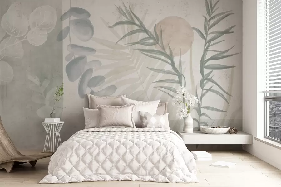 murales de pared Un estampado abstracto minimalista con hojas estilizadas y eucaliptos de suaves formas orgánicas azules en colores pastel apagados w08648v1
