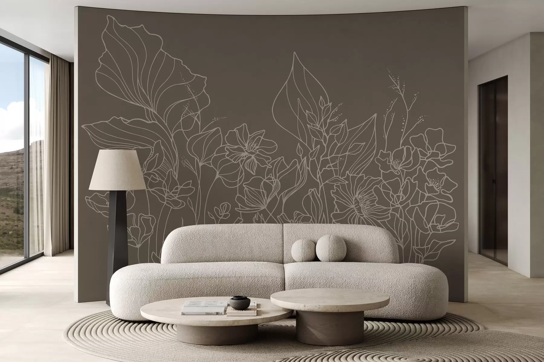 murales de pared Elegante arte floral lineal sobre fondo de olivo w02773