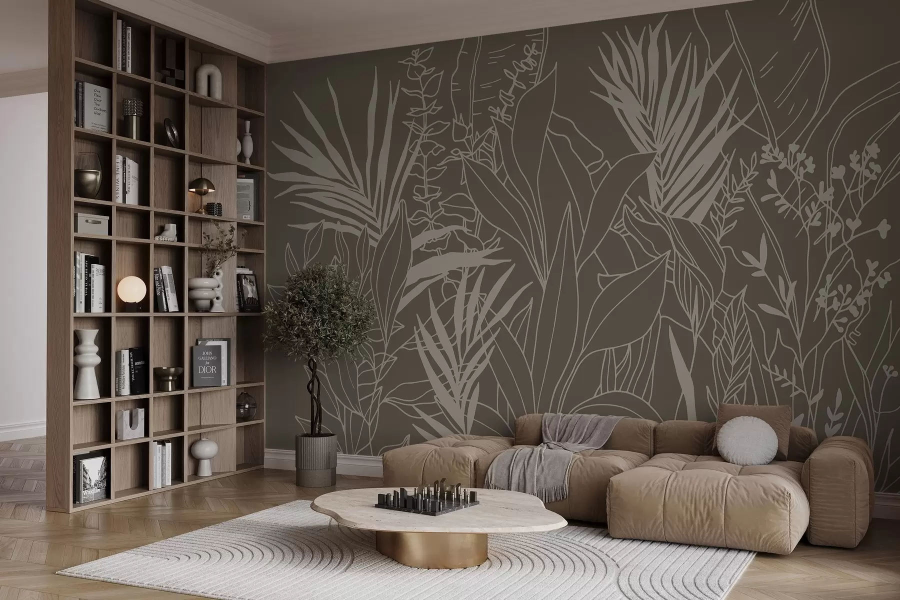 murales de pared Line Art botánico sobre fondo verde w02775v1
