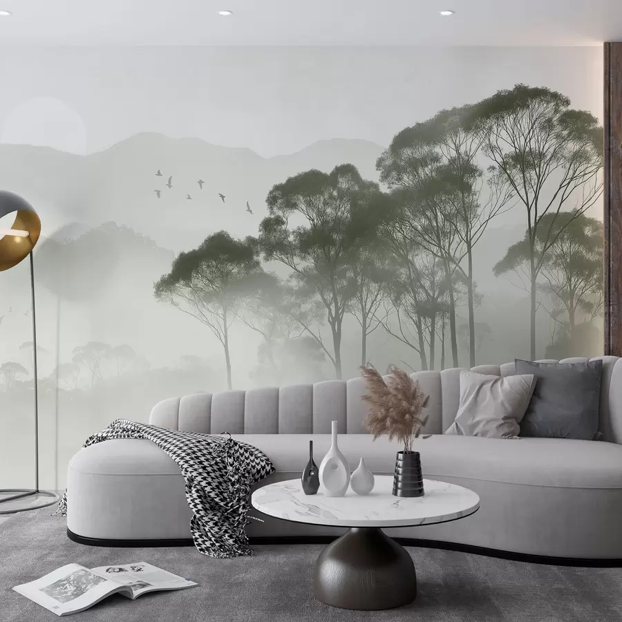 murales de pared Árboles en la niebla, paisajes de naturaleza, pájaros, sol, colores verdes w02740