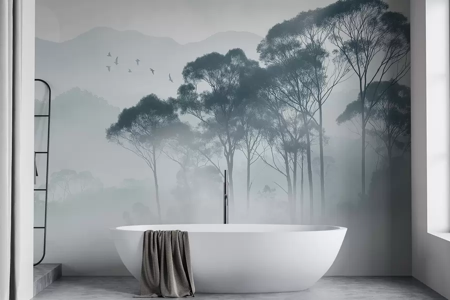 Murales de pared Árboles en la niebla, paisajes de naturaleza, pájaros, sol, colores azules w02740v1 murales de pared Árboles en la niebla, paisajes de naturaleza, pájaros, sol, colores azules w02740v1