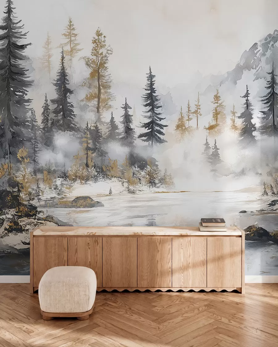 murales de pared Paisaje de invierno con lago y bosque, montañas, darwing estilo pastel w02741