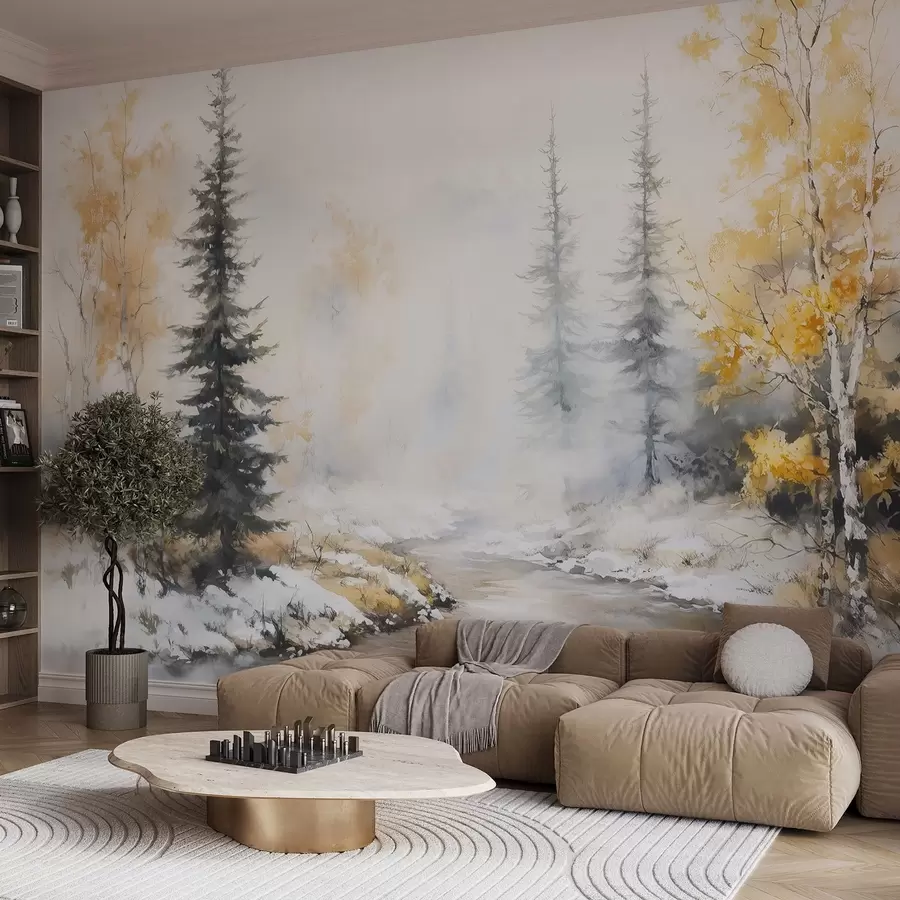 murales de pared Bosque invernal, abedules, pinos, río, niebla, colores pastel w02742