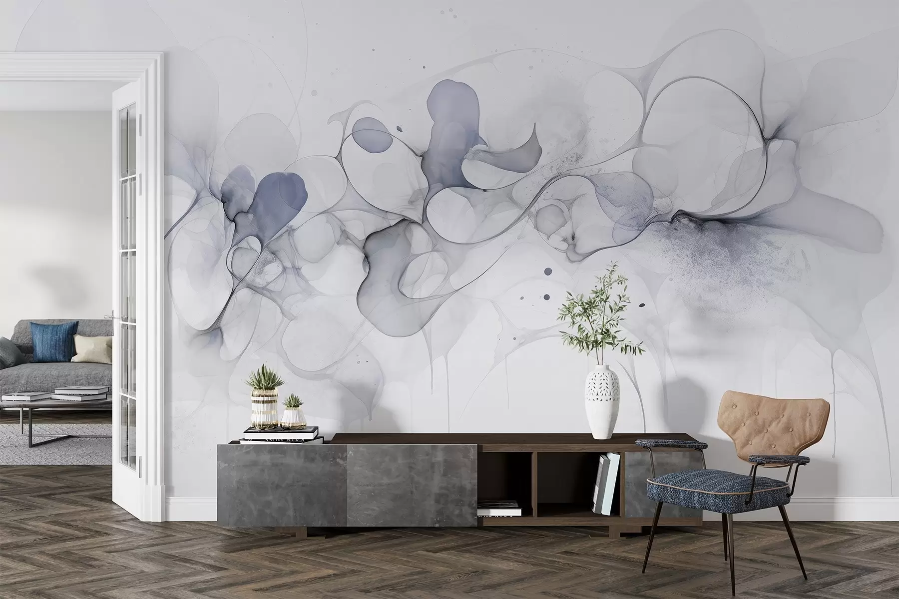 murales de pared Estilo artístico fluido, abstracción, colores grises suaves w02745v3