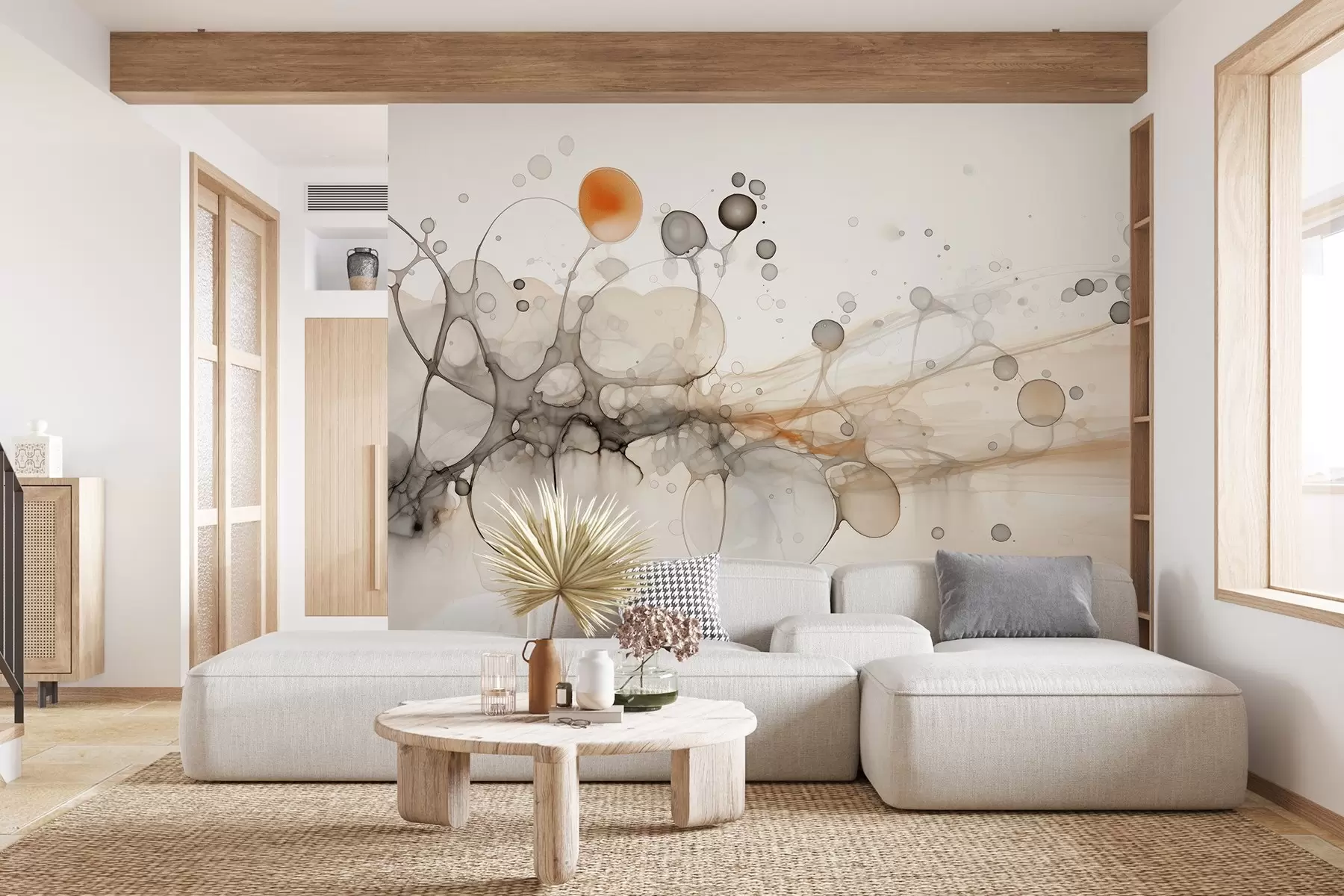 murales de pared Abstracción, minimalismo, tinta, colores fluidos, beige y grises w02750
