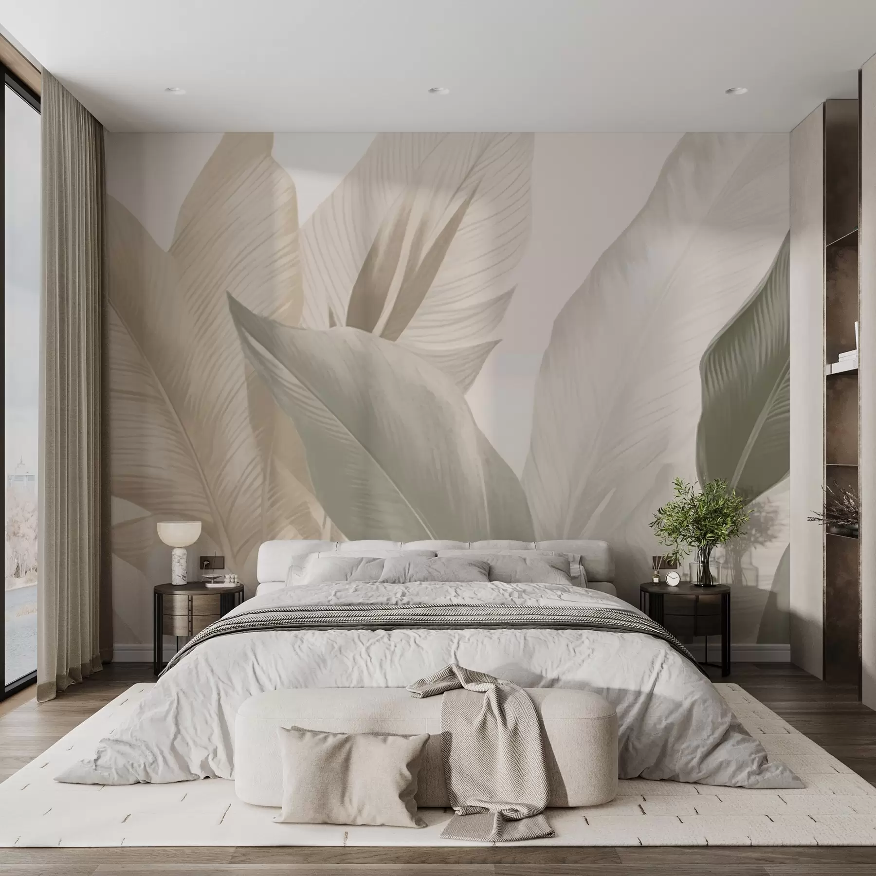 murales de pared Hojas tropicales en suaves tonos beige y verde, con efecto acuarela y suaves transiciones de color. w02854