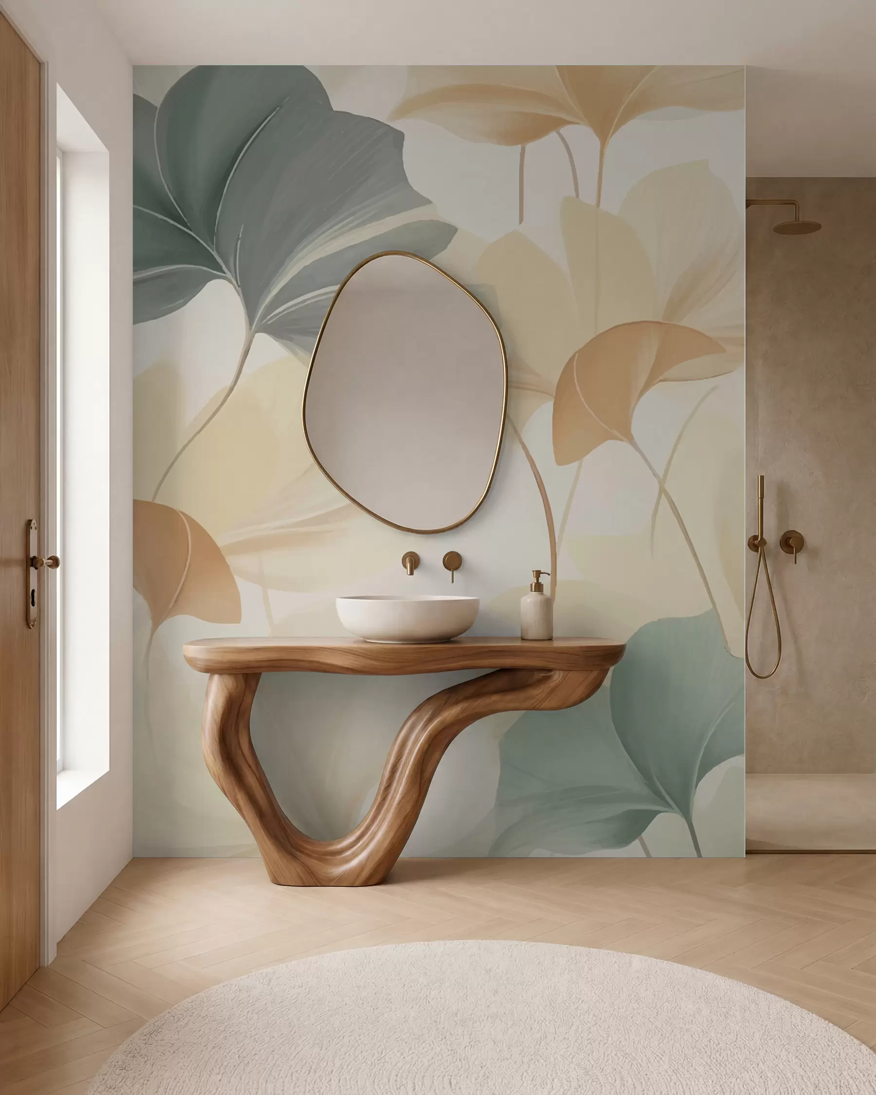 murales de pared Patrón de hojas de ginkgo en suaves tonos pastel, que combinan matices verdes, amarillos y crema para crear una sensación de ligereza y ligereza w02855