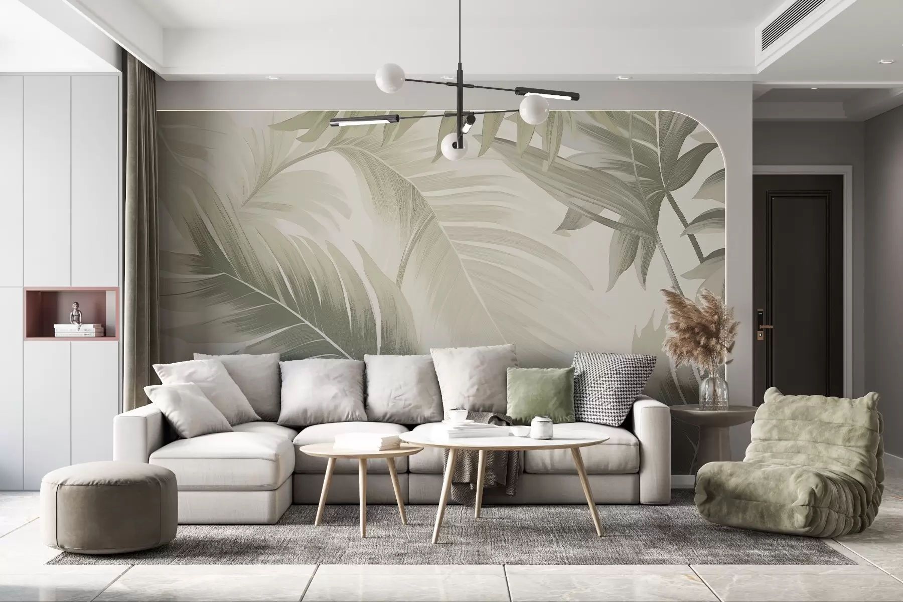 murales de pared Patrón de grandes hojas tropicales en suaves tonos verdes y beige, con suaves degradados y delicados detalles de textura w02858