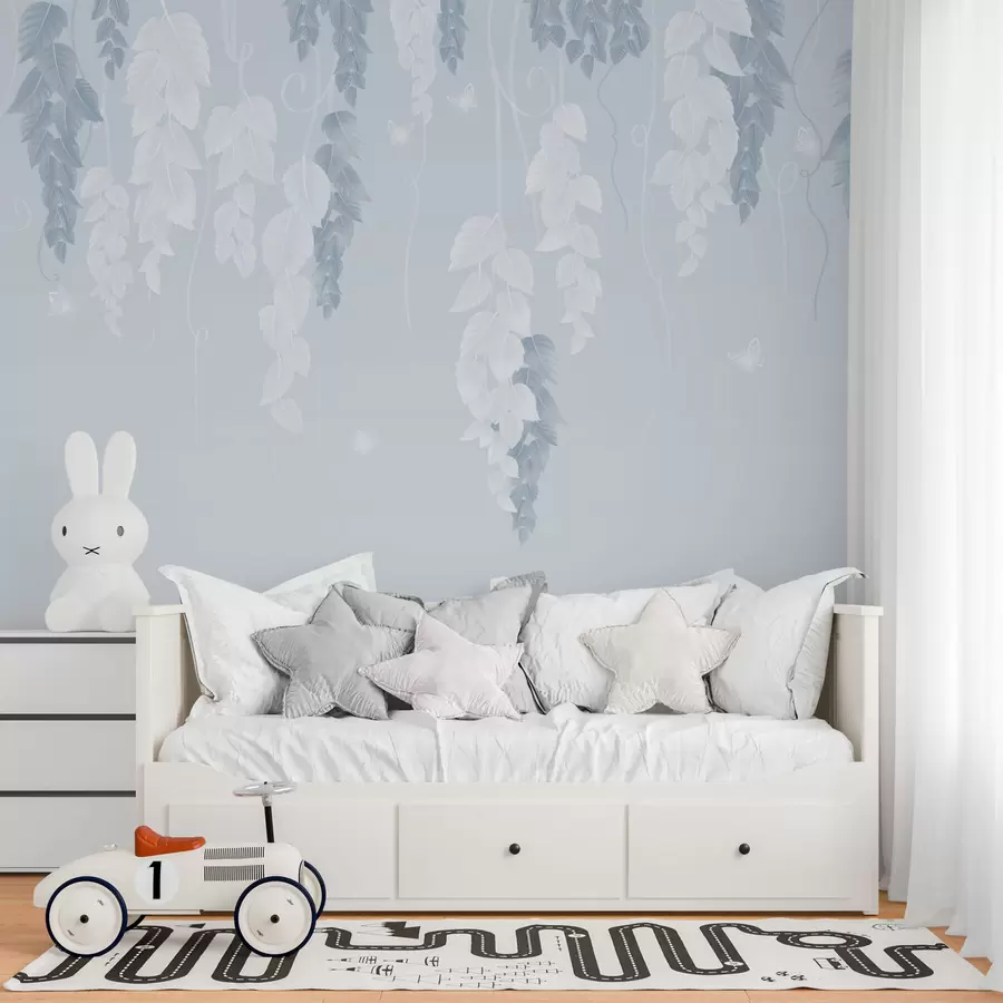 murales de pared Hojas colgantes y mariposas en azul w02655v1