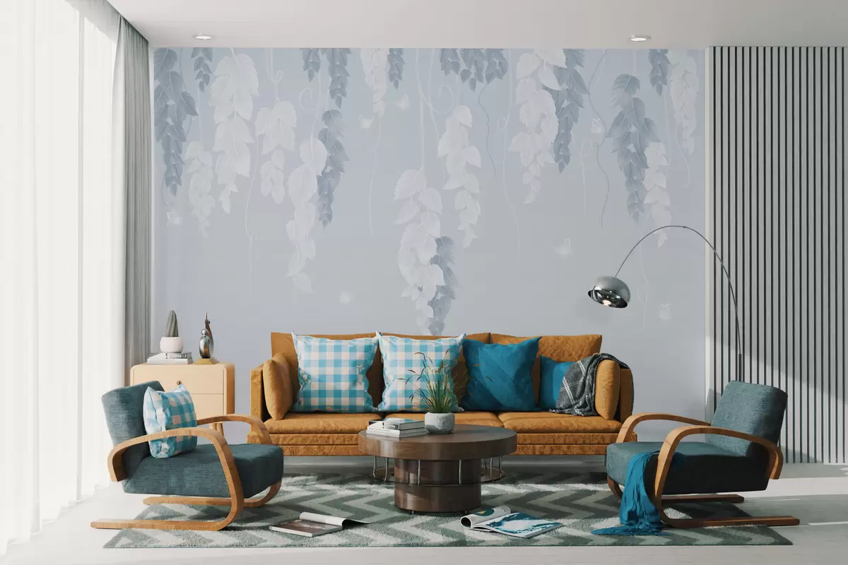 murales de pared Hojas colgantes y mariposas en azul w02655v1