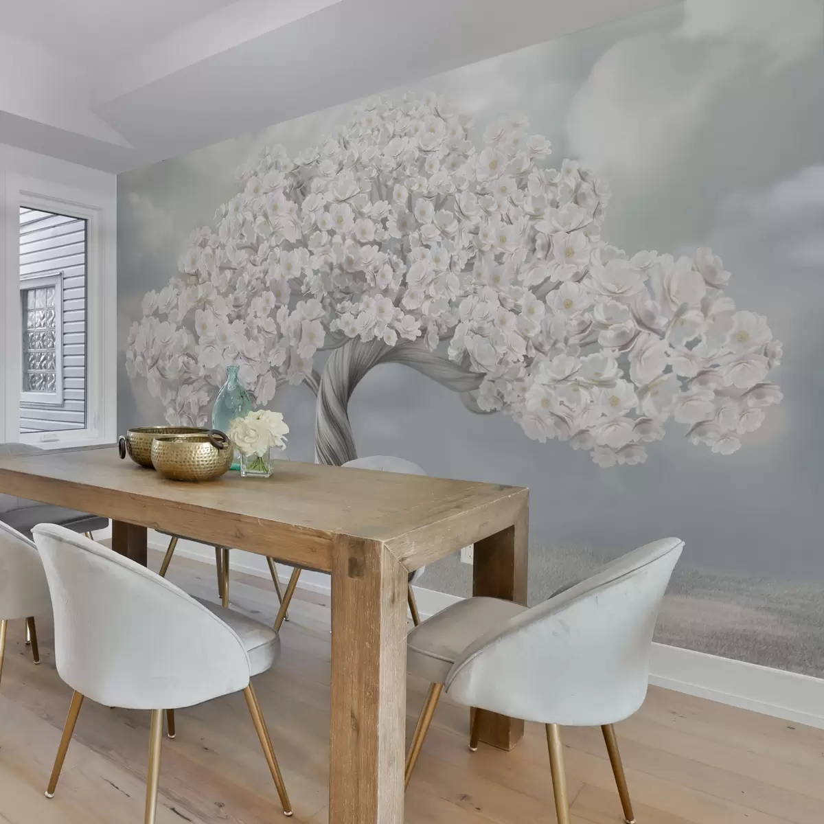 murales de pared Gran árbol en flor con nubes al fondo w02748