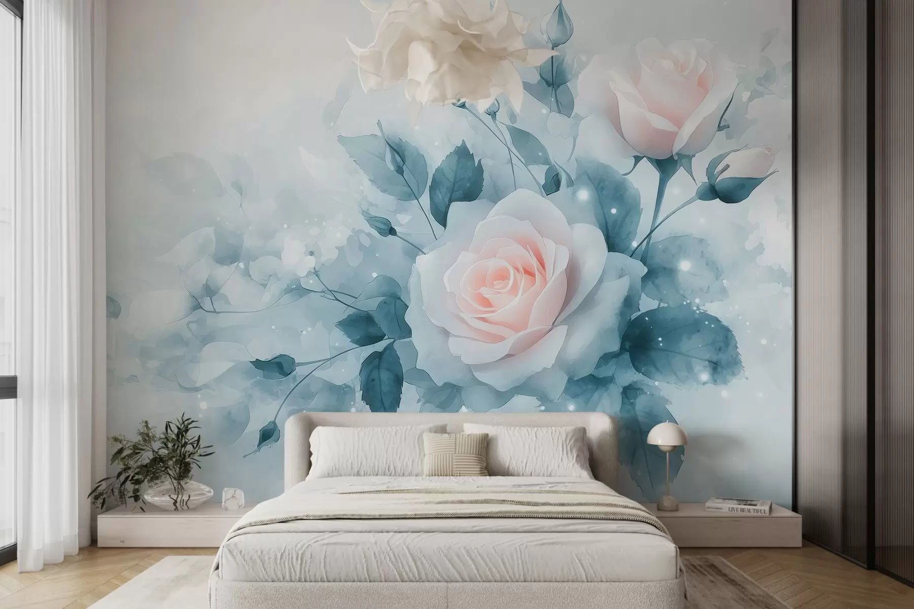 murales de pared Delicadas rosas melocotón en tonos turquesa en estilo acuarela w02871