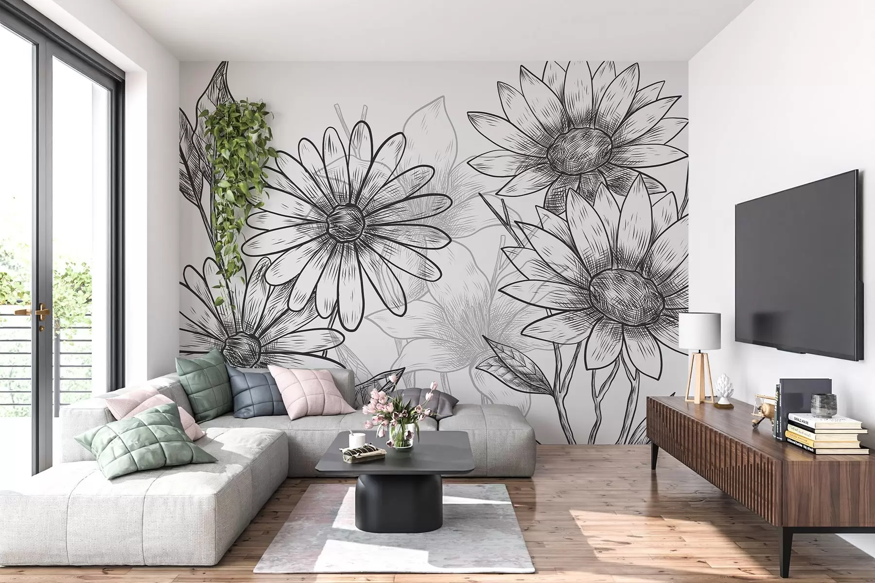 murales de pared Margaritas en secciones negras w02787v2