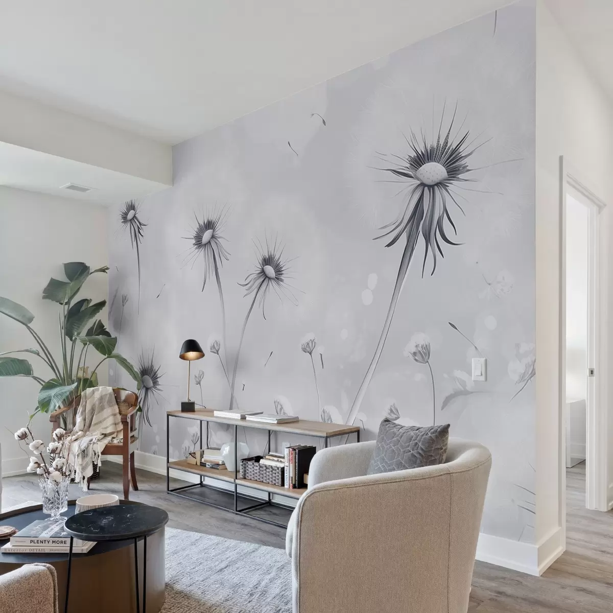 murales de pared Elegantes dientes de león y flores silvestres en estilo pictórico en tonos azules w08657v2