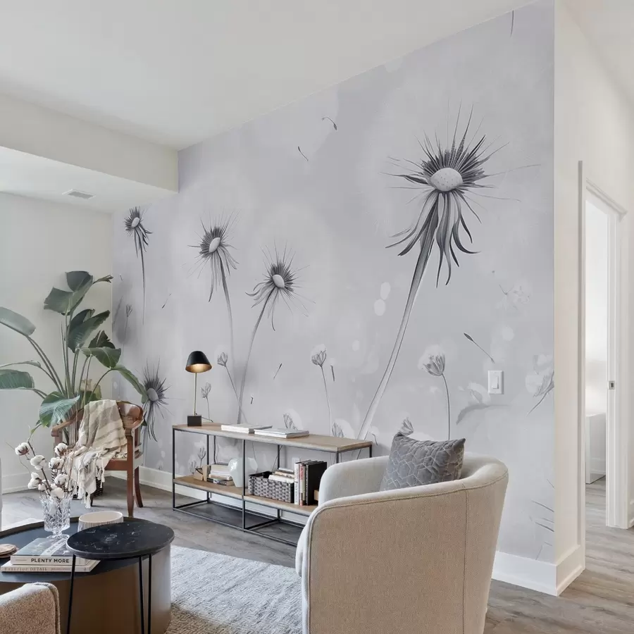 murales de pared Elegantes dientes de león y flores silvestres en estilo pictórico en tonos azules w08657v2