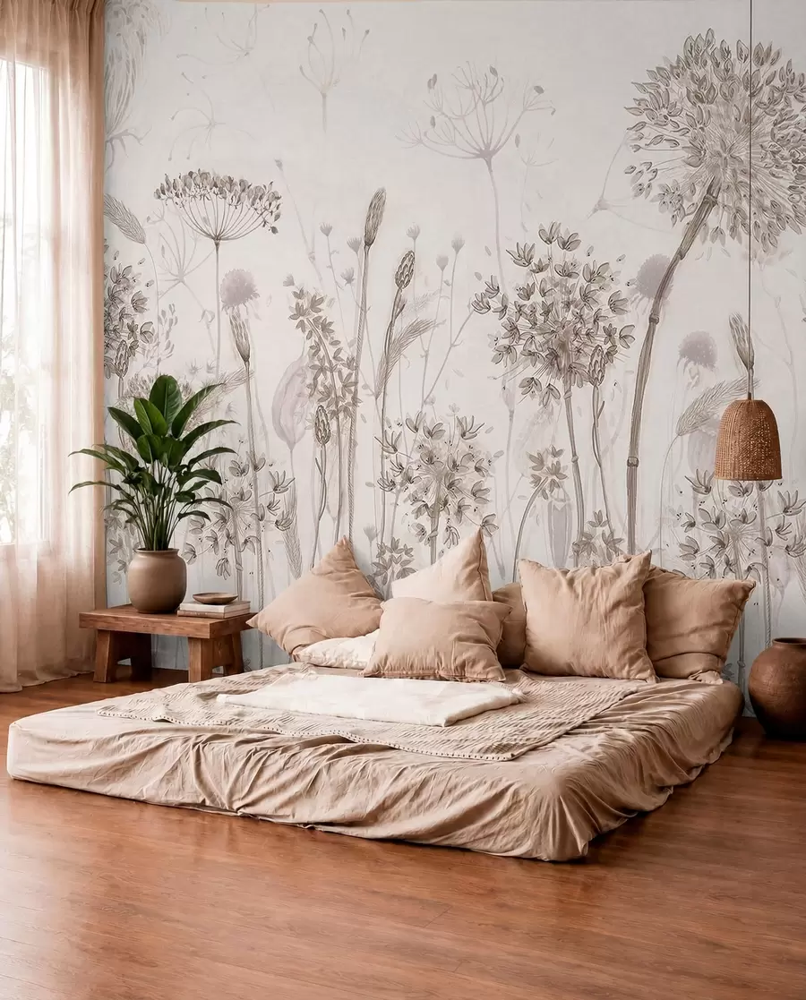 murales de pared Dientes de león y flores silvestres en estilo acuarela w08637