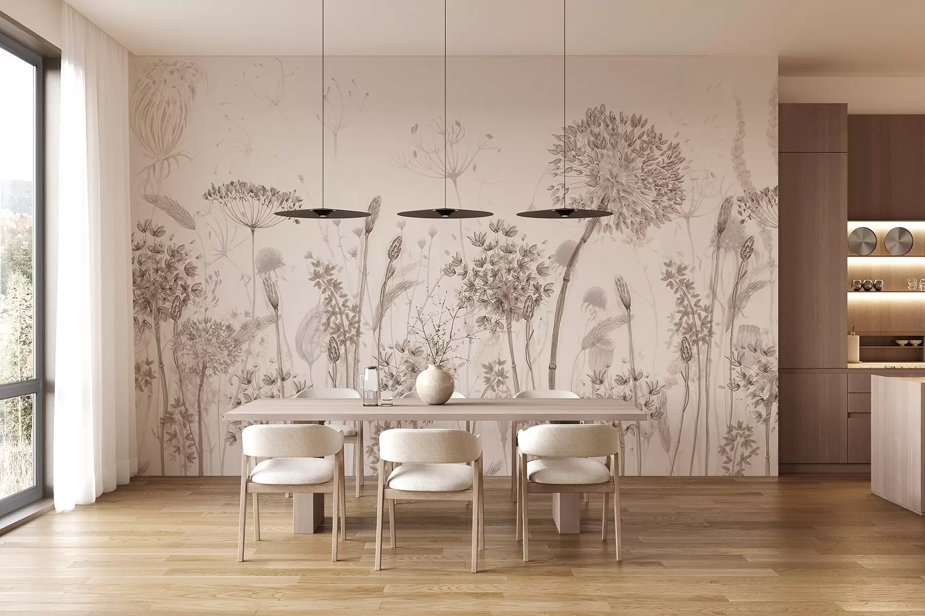 murales de pared Dientes de león y flores silvestres en estilo acuarela w08637