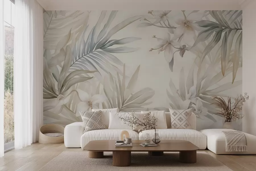 murales de pared Hojas y flores tropicales de colores pastel, con verdes claros, cremas y rosas sutiles w08660