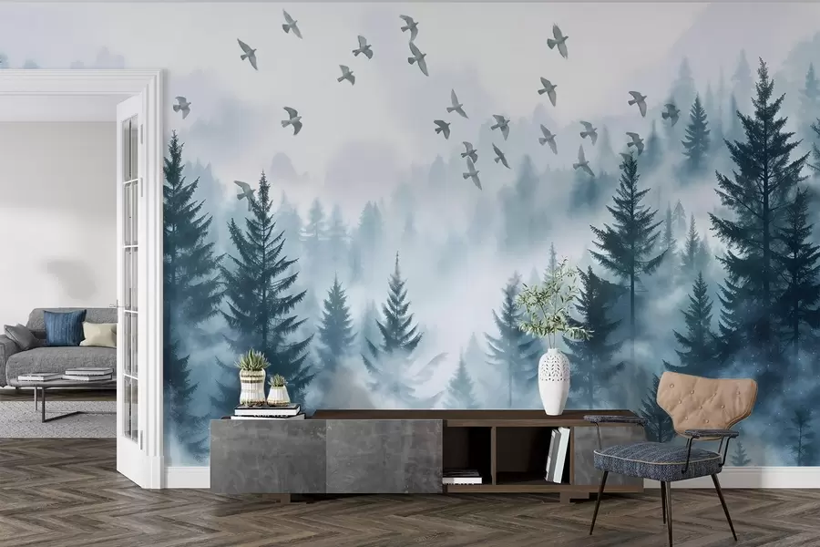murales de pared Tranquilo bosque de niebla con árboles en tonos azules y bandadas de pájaros volando en el cielo  w08664