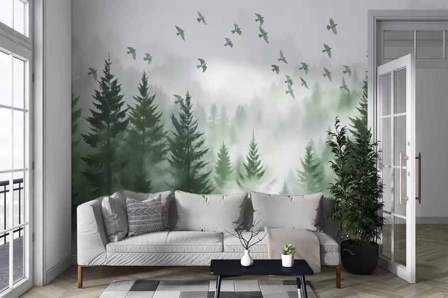 murales de pared Tranquilo bosque de niebla con árboles en tonos verdes y bandadas de pájaros volando en el cielo  w08664v1