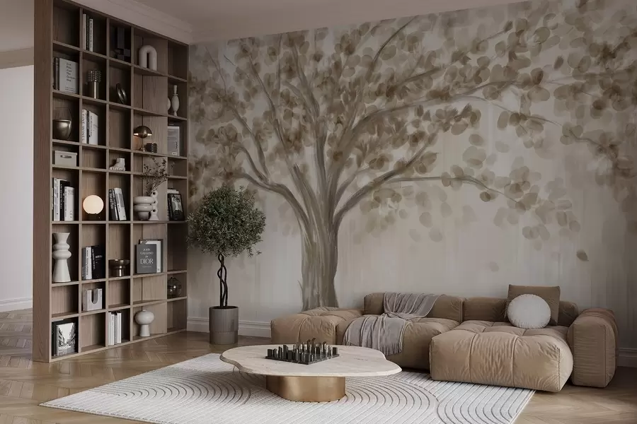 murales de pared Un gran árbol con hojas suaves y abstractas de color beige sobre un fondo claro y neutro que realza los tonos del árbol  w08669