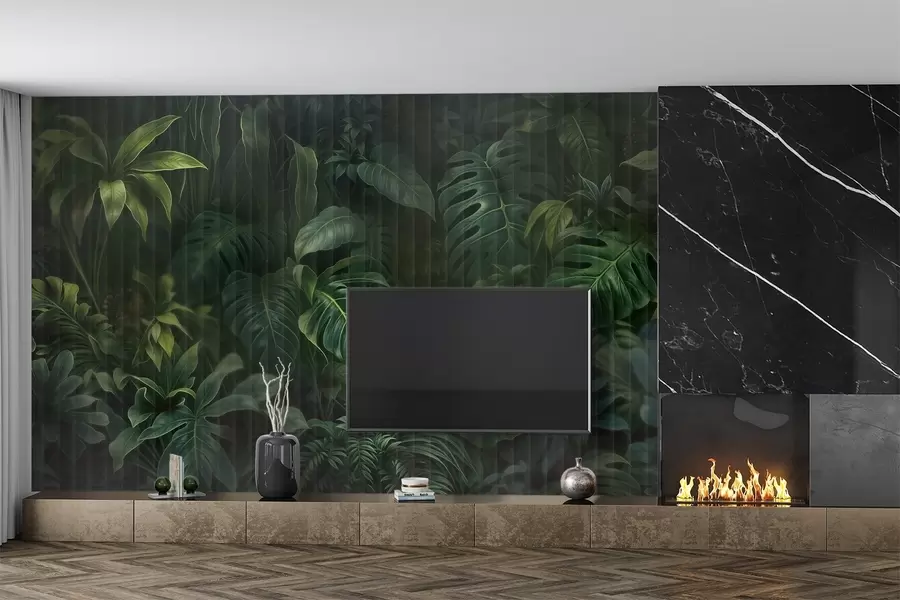 murales de pared Estampado tropical oscuro difuminado y texturizado con varias hojas verdes, incluidas hojas de monstera y de palmera w08673
