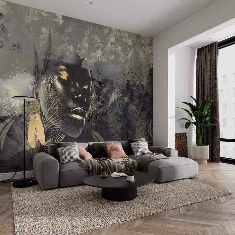 murales de pared África mágica con selva tropical, elementos femeninos y vectoriales w02642