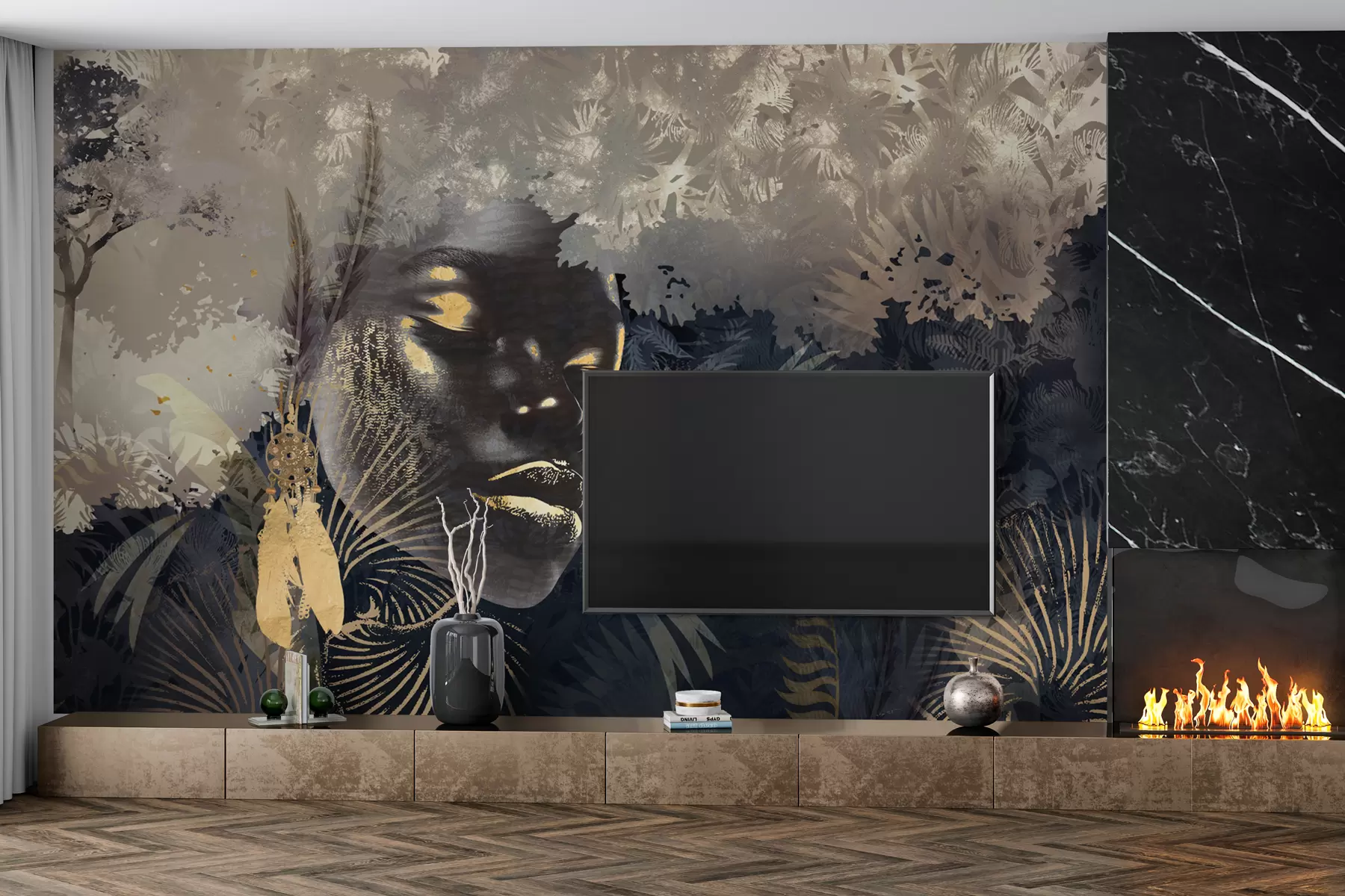 murales de pared África mágica con selva tropical, elementos femeninos y vectoriales con tinte azul w02642v1