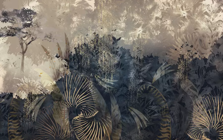 murales de pared África mágica con selva tropical y elementos vectoriales con tinte marrón w02643v1