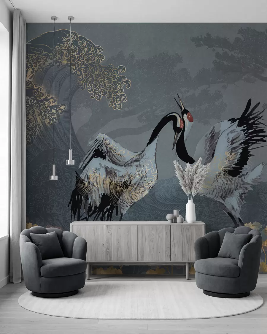 murales de pared Grullas, árboles y olas con elementos de estilo chino w02747