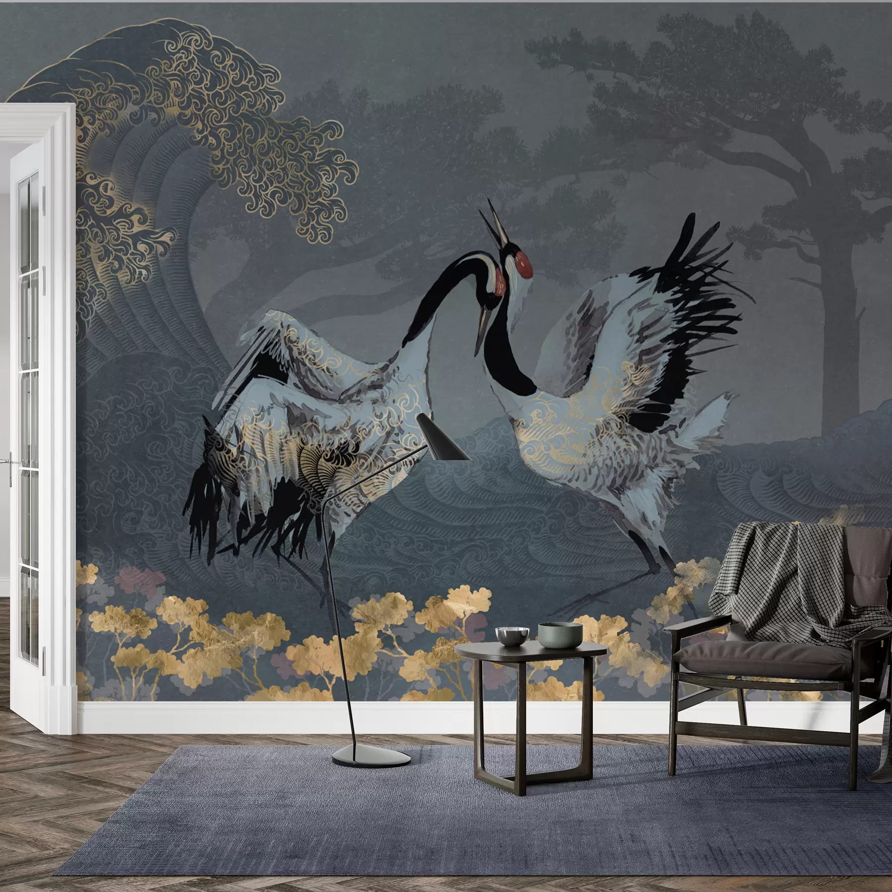 murales de pared Grullas, árboles y olas con elementos de estilo chino w02747