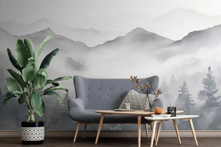 murales de pared Sereno paisaje de montaña con bosques brumosos en suaves tonos grises y azules w08680
