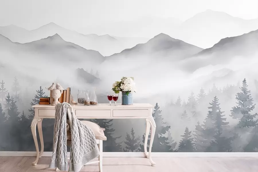 murales de pared Sereno paisaje de montaña con bosques brumosos en suaves tonos grises y azules w08680