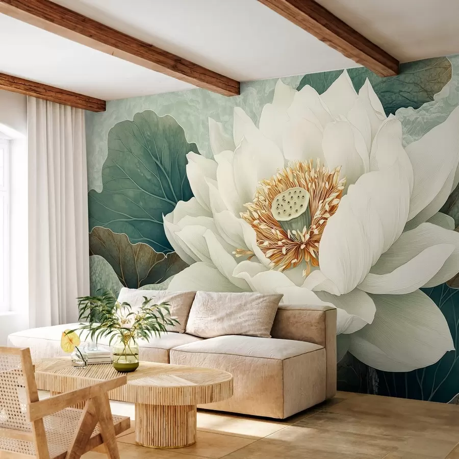 murales de pared Nenúfar grande sobre un fondo de hojas w02905