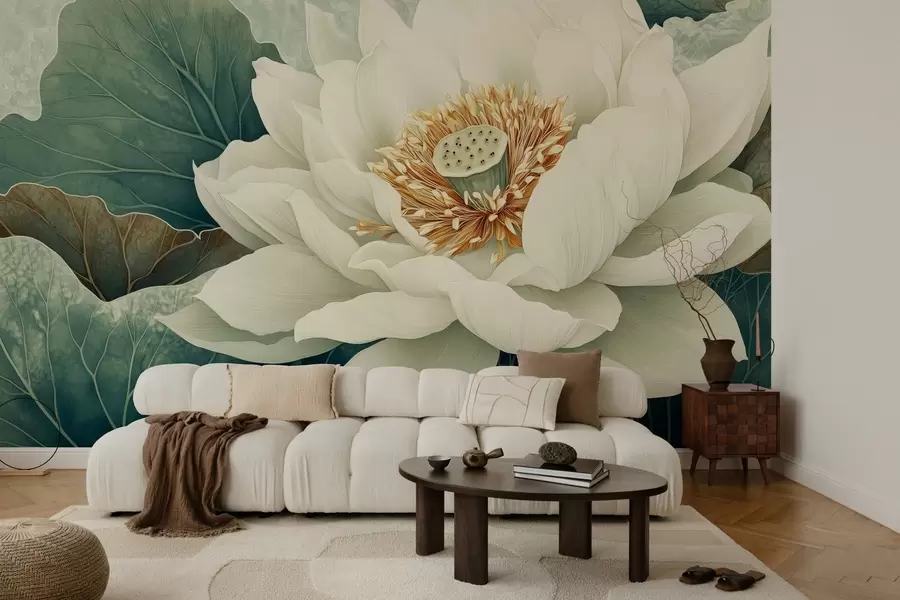 murales de pared Nenúfar grande sobre un fondo de hojas w02905