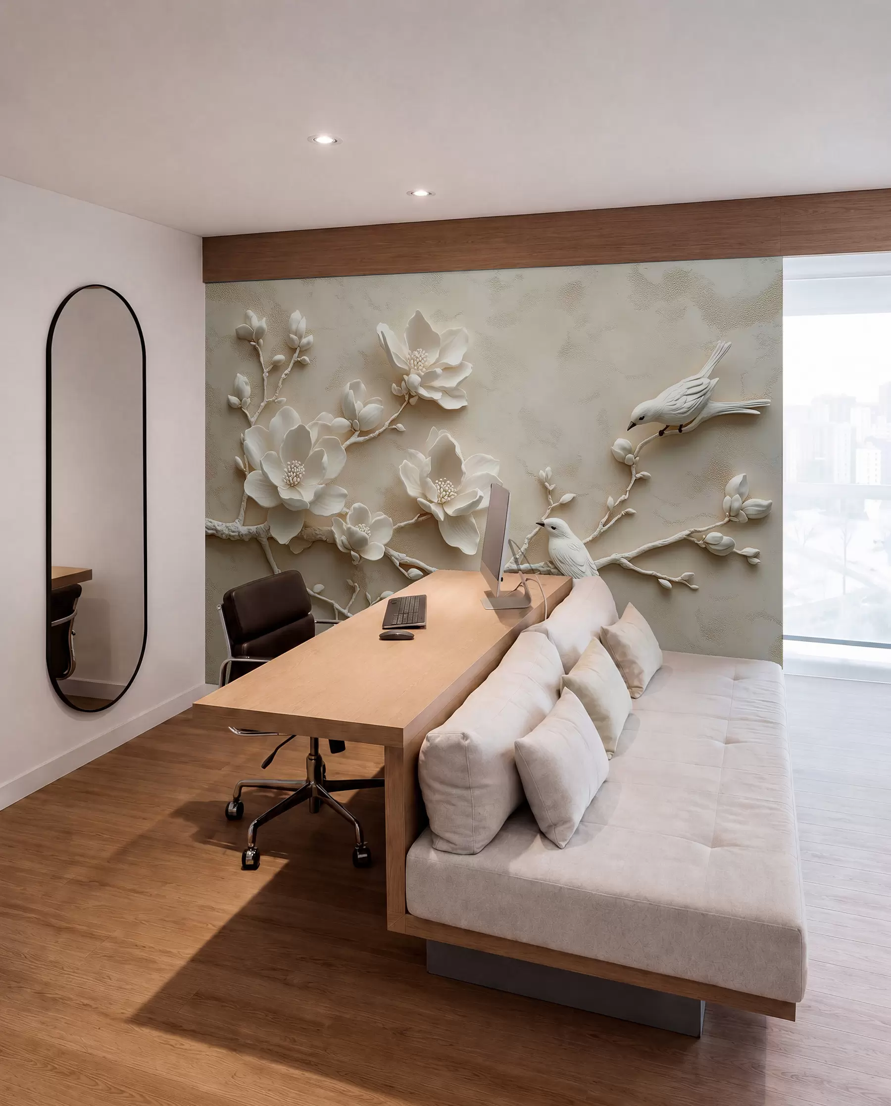 murales de pared ramas de magnolia en 3D con pájaros w08690