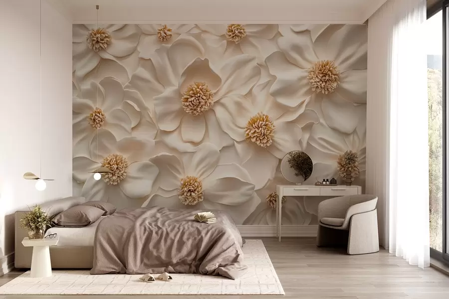 murales de pared composición floral en 3D de color beige con toques amarillos w08691