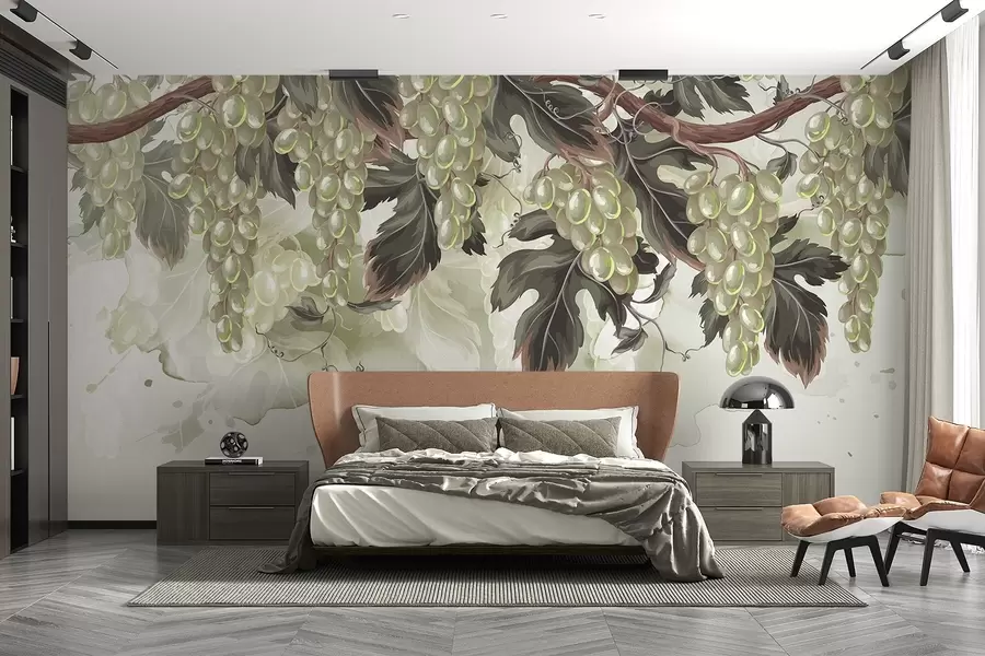 murales de pared Uvas colgando de una parra con hojas verdes, sobre un fondo claro con texturas tipo acuarela w08696