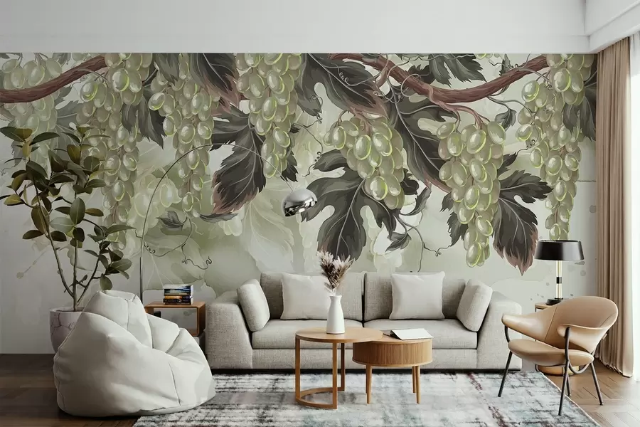 murales de pared Uvas colgando de una parra con hojas verdes, sobre un fondo claro con texturas tipo acuarela w08696