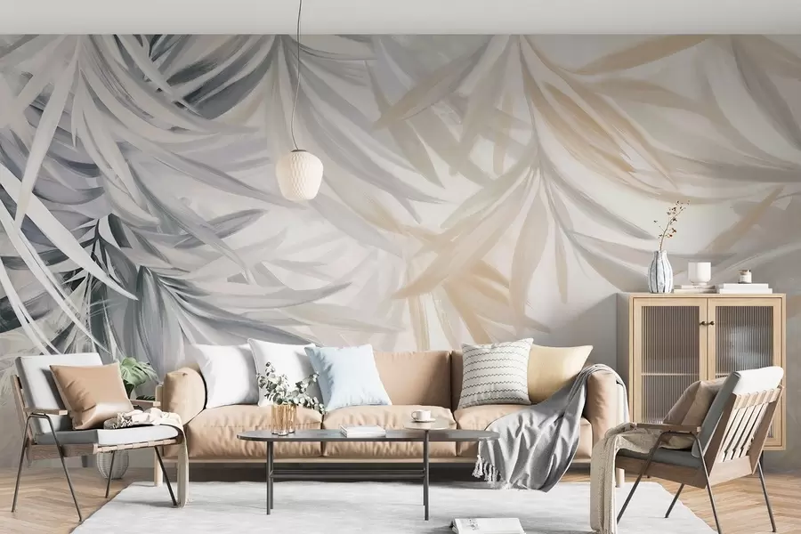 murales de pared Suaves y fluidas hojas tropicales de color claro en tonos grises y melocotón, que se funden en un estampado pálido y neutro w08703