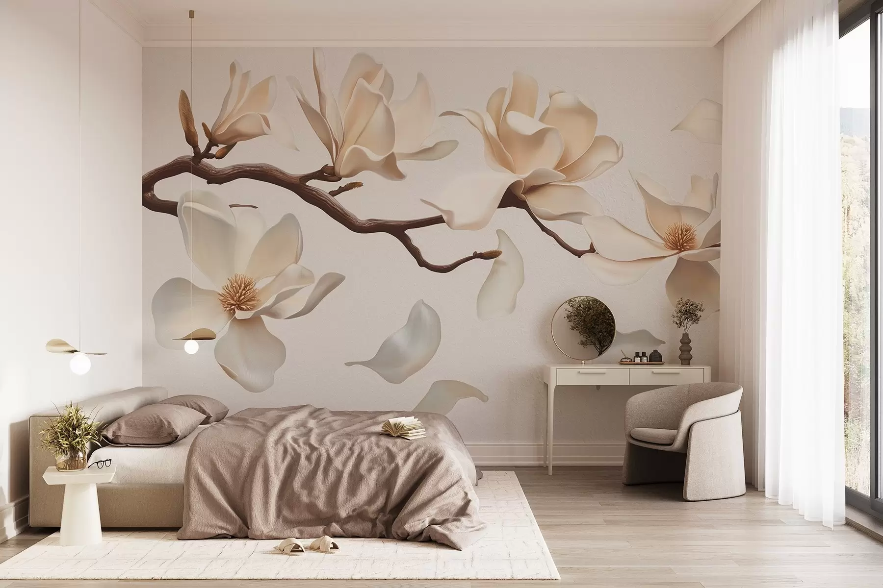 murales de pared Una rama de árbol con delicadas flores de magnolia y pétalos que caen w08706