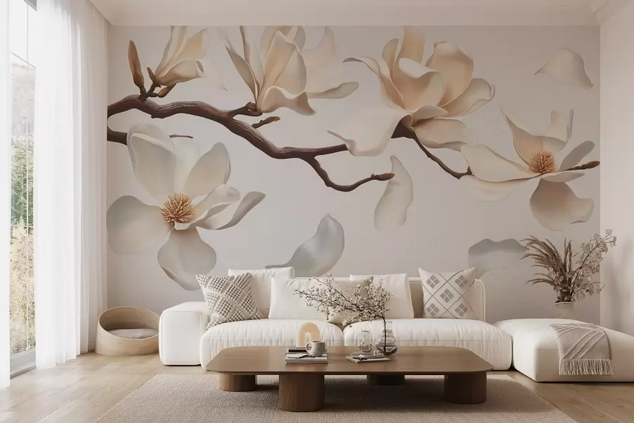 murales de pared Una rama de árbol con delicadas flores de magnolia y pétalos que caen w08706