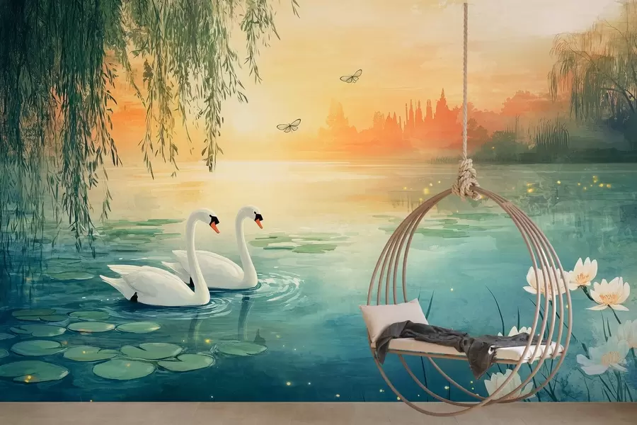 murales de pared Paisaje romántico al óleo con dos cisnes blancos en el lago w03017