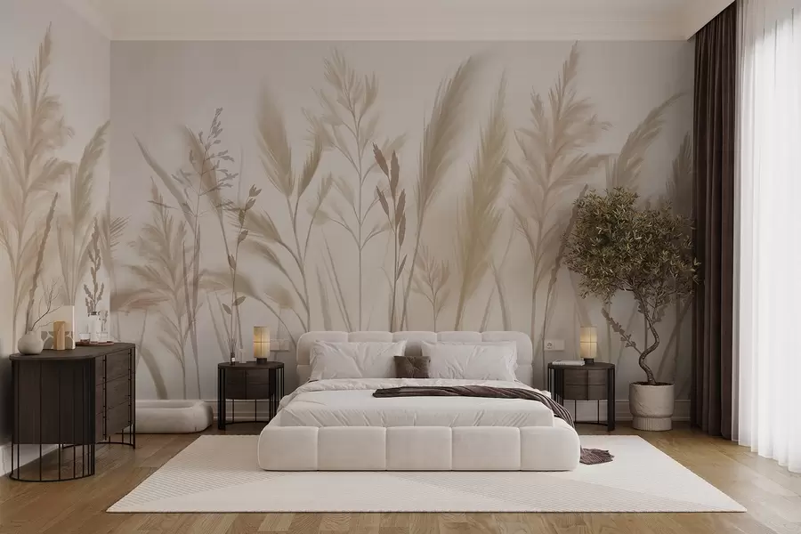murales de pared Hierbas altas y delicadas, espiguillas y plantas en suaves tonos beige y crema, sobre un fondo ligeramente difuminado w08736