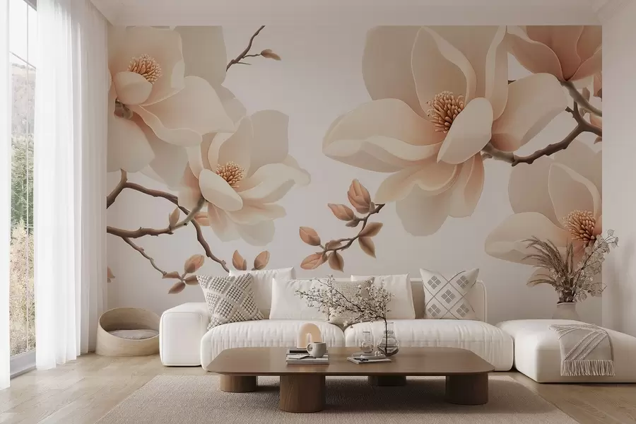 murales de pared Ramas de magnolia de color crema sobre fondo blanco w08755