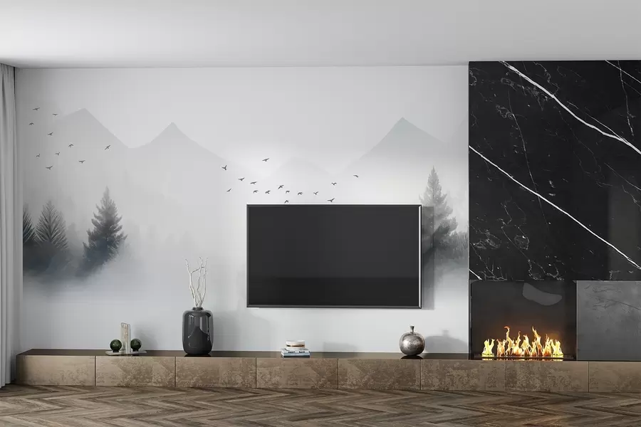 murales de pared Sereno bosque invernal en la ladera de una montaña en tonos blancos y grises claros w08756