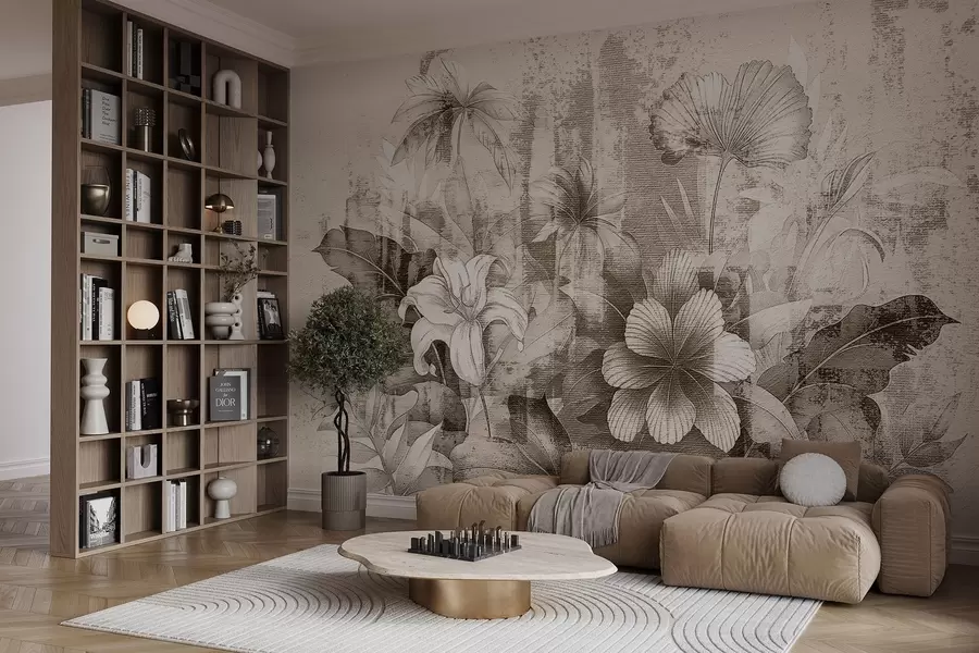 murales de pared Diseño vintage con flores y plantas exóticas w08767v2