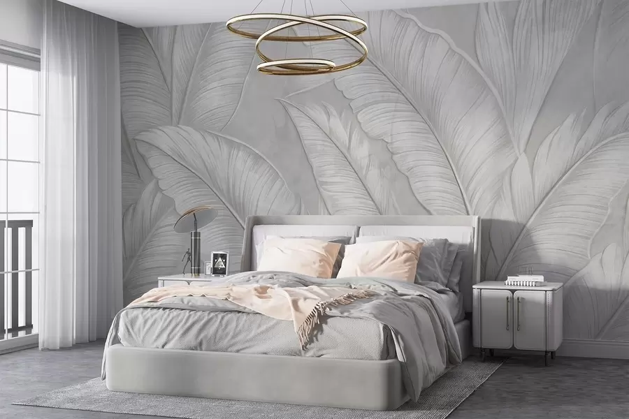 murales de pared Grandes hojas tropicales detalladas con gran textura en un color gris claro monocromático de estilo loft  w08772