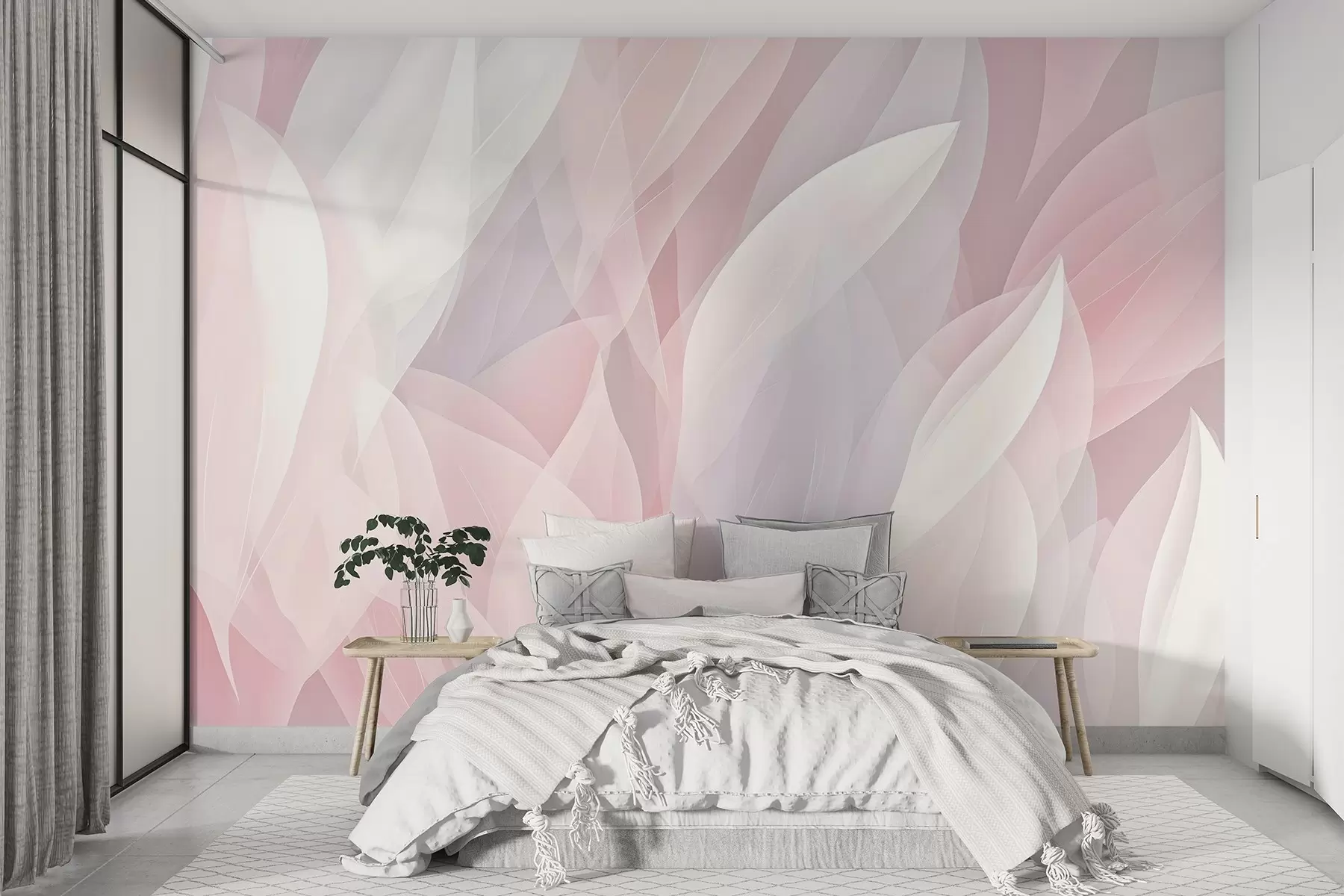 murales de pared Diseño abstracto con suaves formas de pétalos en tonos rosas y blancos que crean un efecto de capas w08774