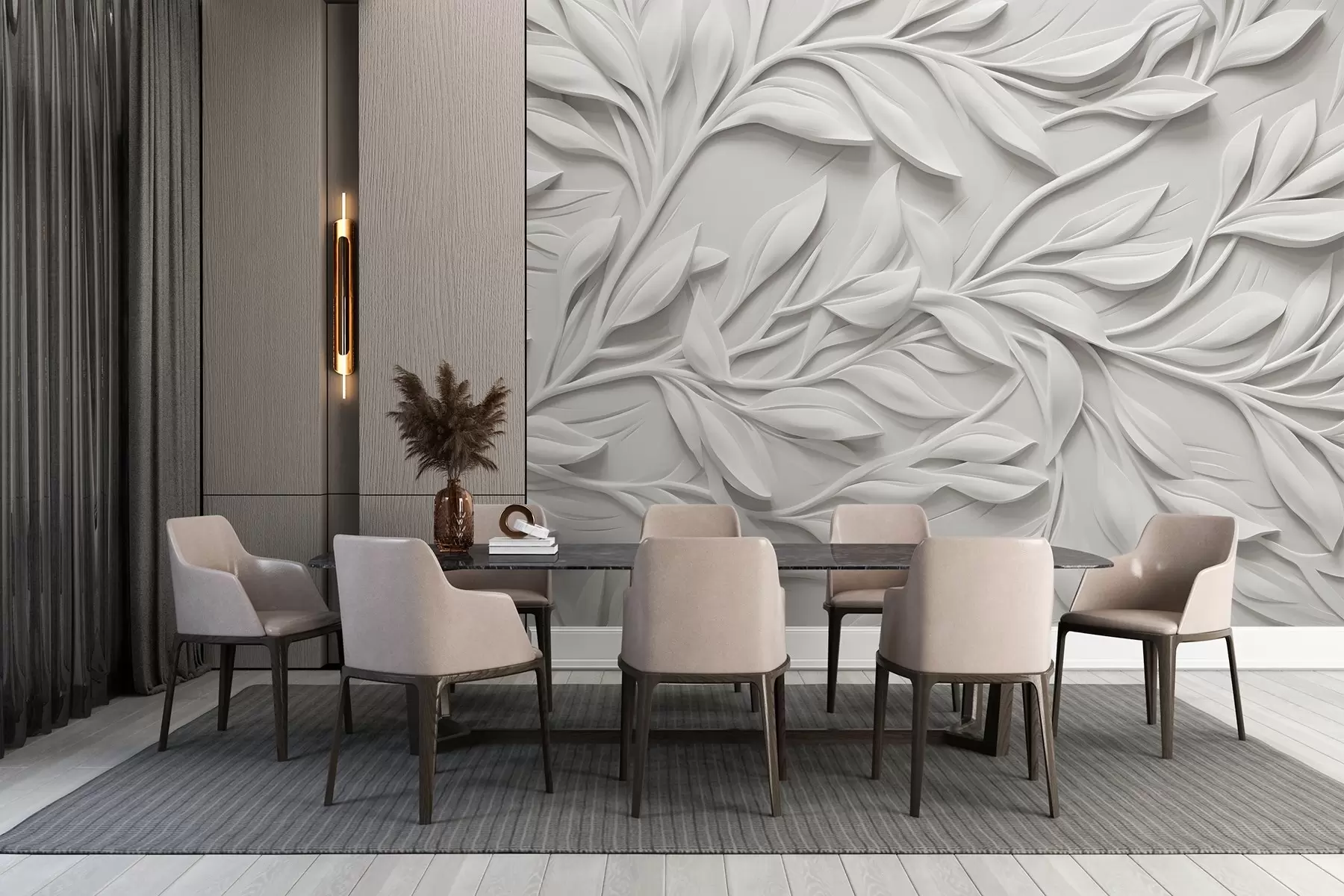 murales de pared Estampado blanco texturizado con hojas y ramas , creando un efecto de imitación de volumen sobre un fondo texturizado w08778